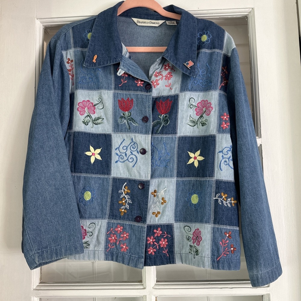 Vintage Boxy Embroidered Floral Denim Jacket Petite M Cottagecore Boho Folk